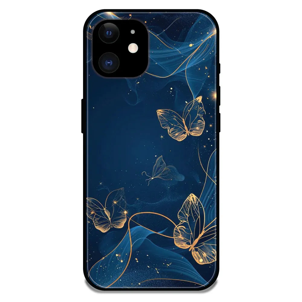 'Blue With Gold Butterflies - Glossy Metal Silicone Case For Apple iPhone 11