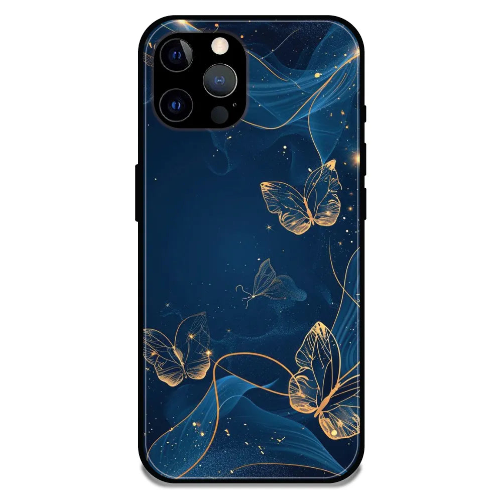 'Blue With Gold Butterflies - Glossy Metal Silicone Case For Apple iPhone 12 Pro Max