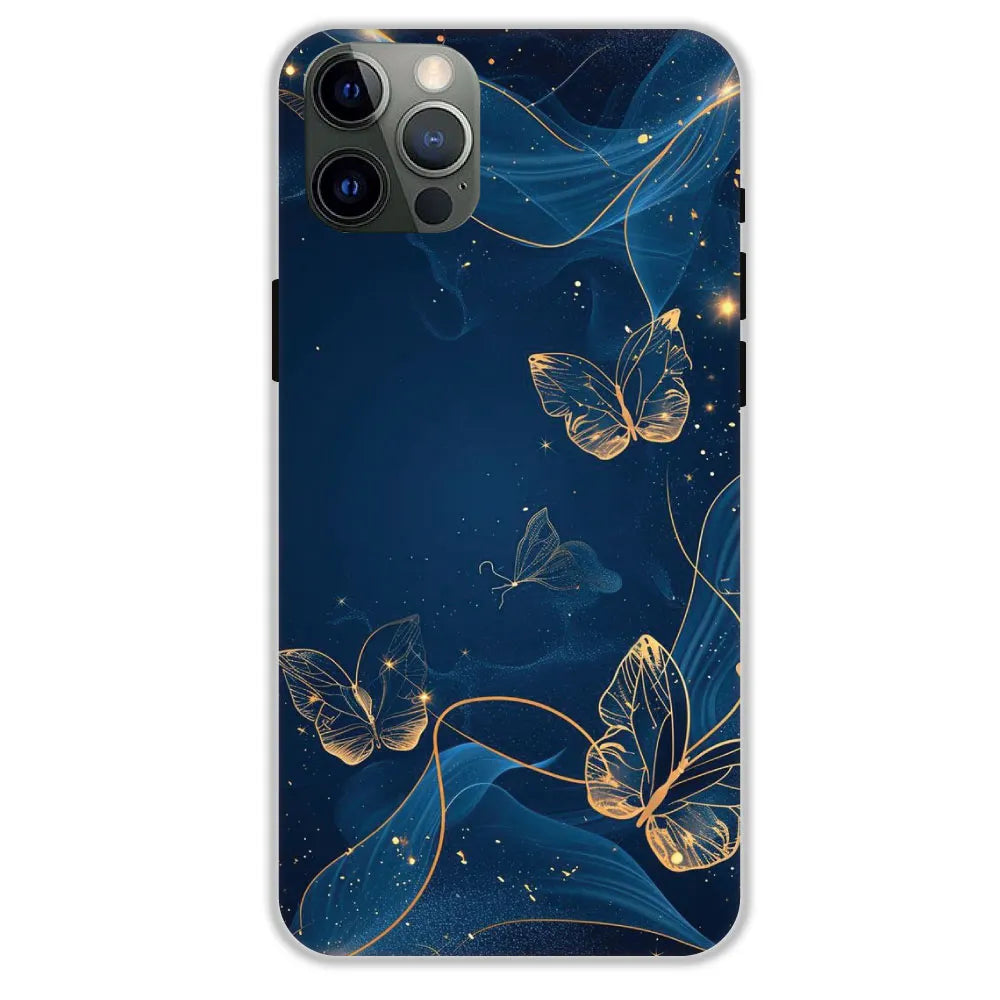 Blue With Gold Butterflies - Hard Cases For Apple iPhone 12 Pro
