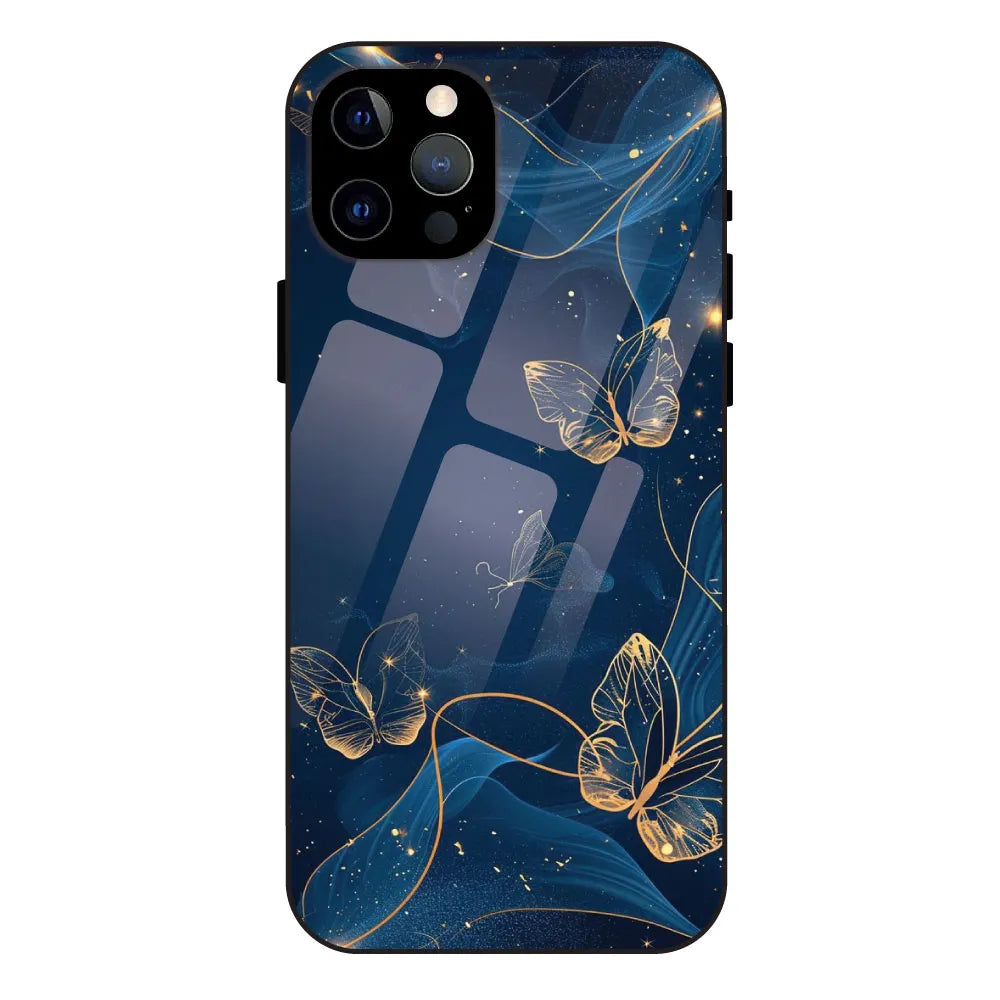 Blue With Gold Butterflies - Glossy Metal Silicone Case For Apple iPhone 12 Pro