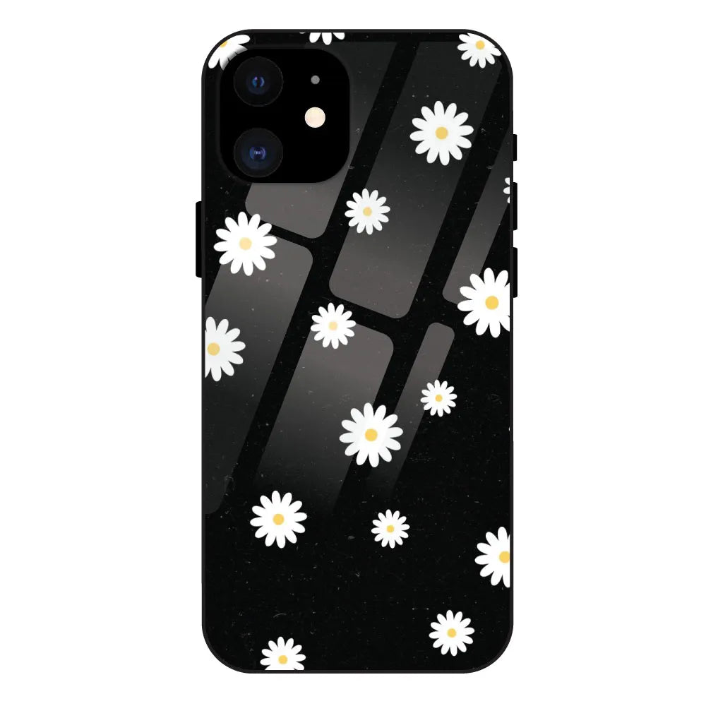 White And Black Flower - Glossy Metal Silicone Case For Apple iPhone 12