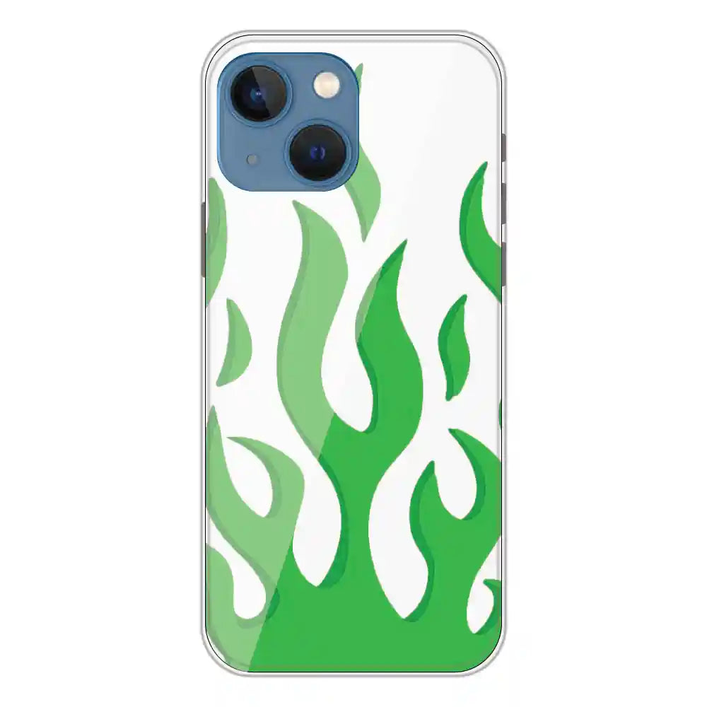 Green Flames - Clear Printed Silicone Case For Apple iPhone 13 Mini