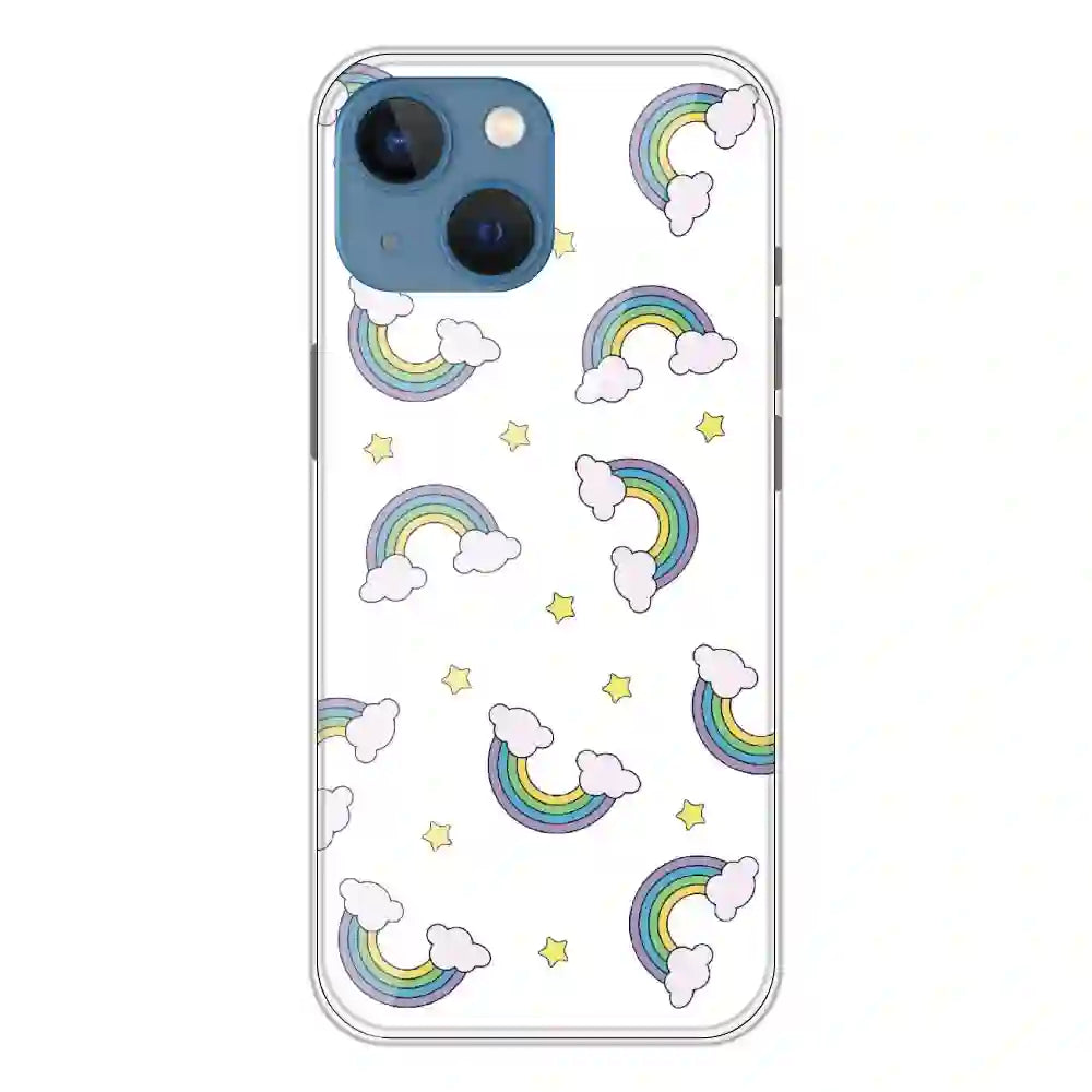 Rainbow With Clouds - Clear Printed Silicone Case For Apple iPhone 13 Mini