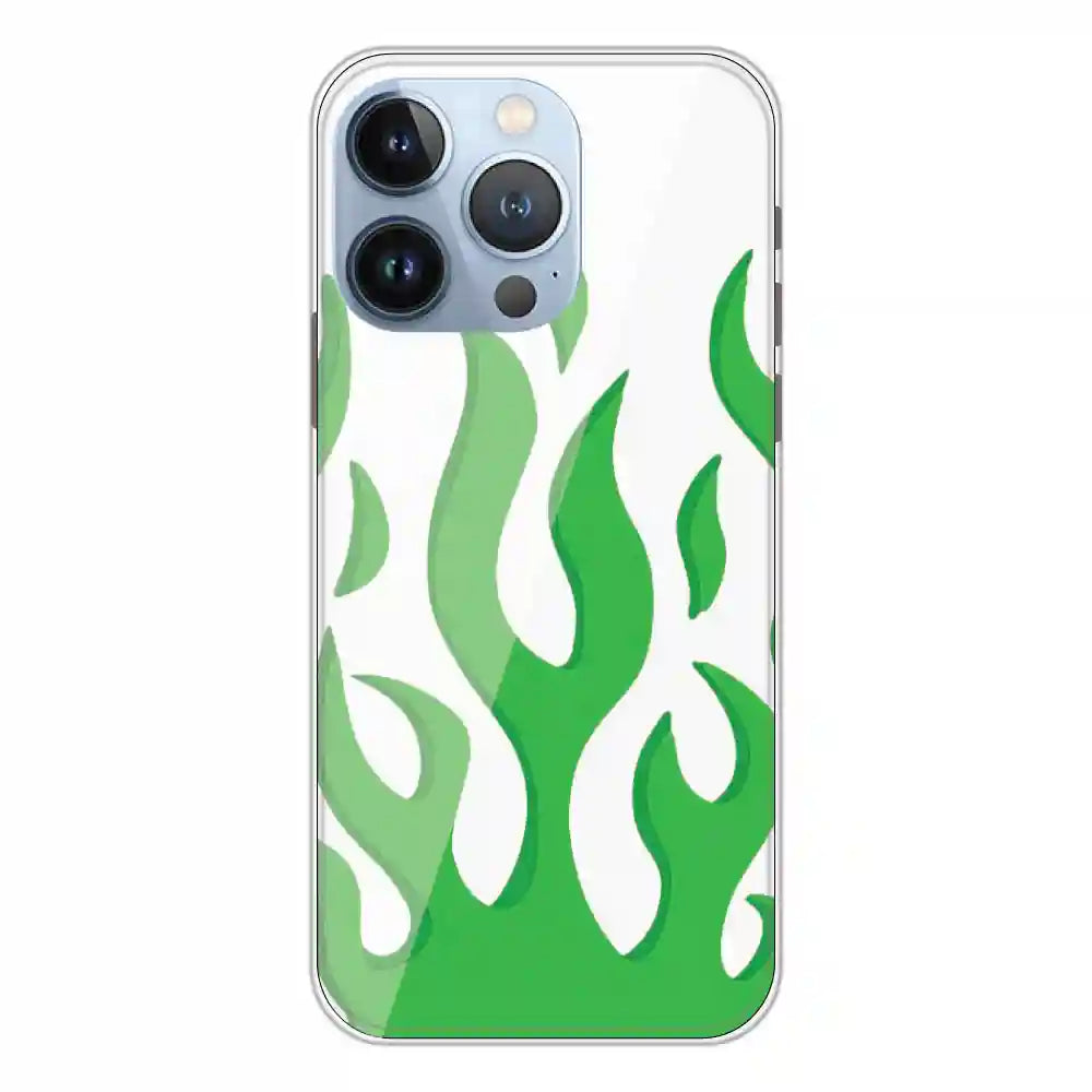 Green Flames - Clear Printed Silicone Case For Apple iPhone 13 Pro Max