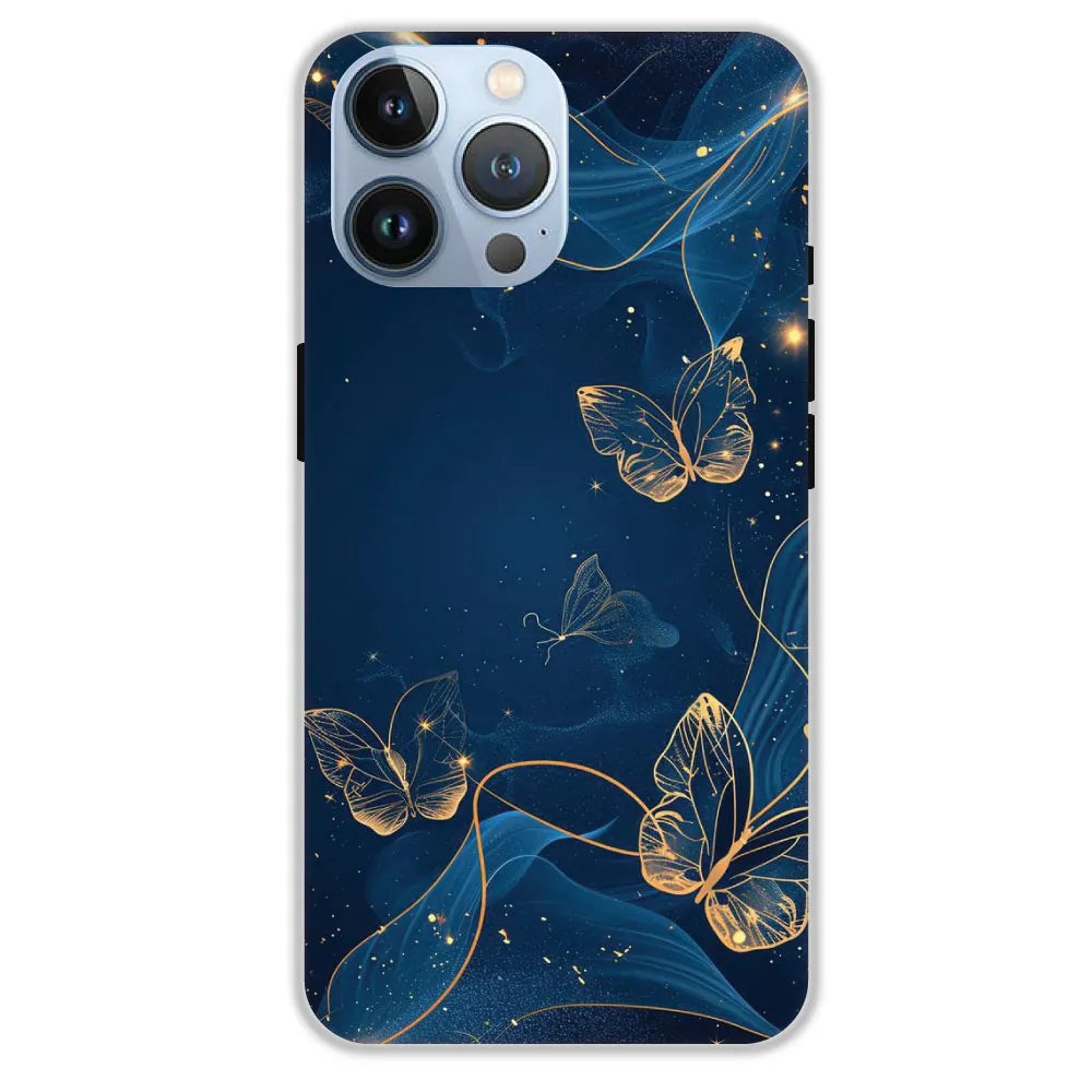 Blue With Gold Butterflies - Hard Cases For Apple iPhone 13 Pro Max