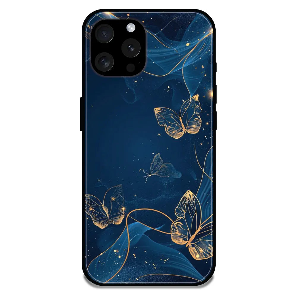 'Blue With Gold Butterflies - Glossy Metal Silicone Case For Apple iPhone 13 Pro