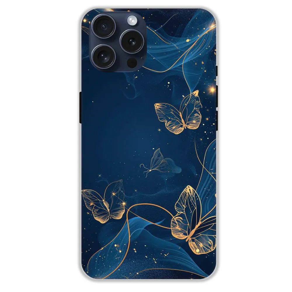Blue With Gold Butterflies - Hard Cases For Apple iPhone 13 Pro