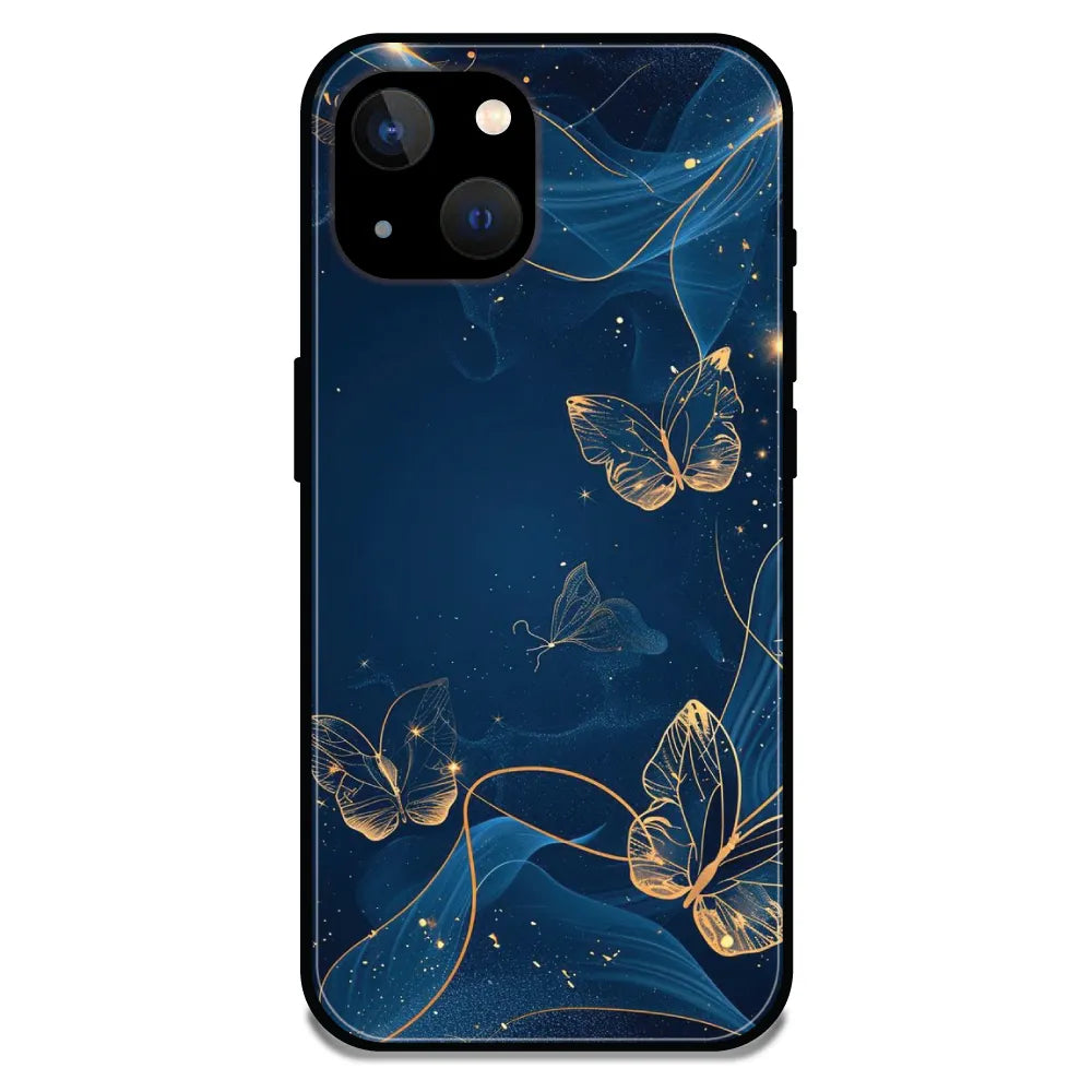 'Blue With Gold Butterflies - Glossy Metal Silicone Case For Apple iPhone 13