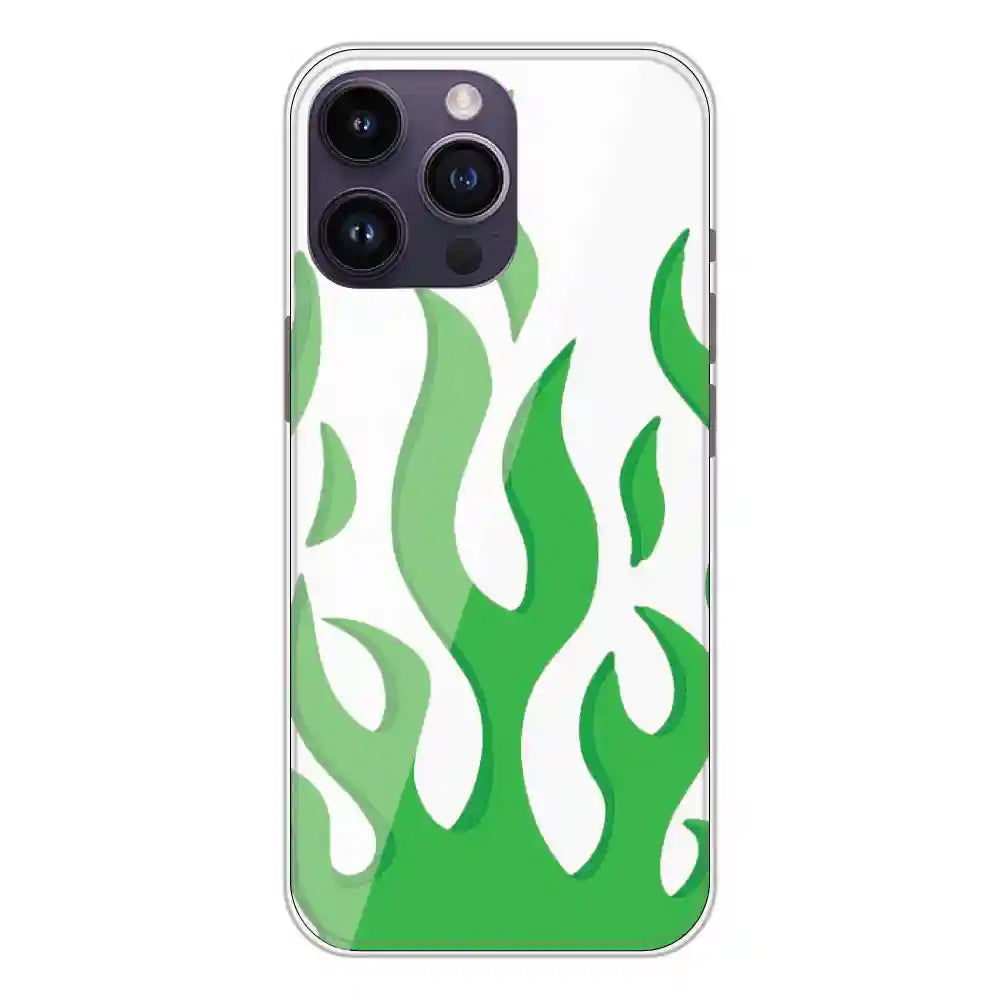 Green Flames - Clear Printed Silicone Case For Apple iPhone 14 Pro Max