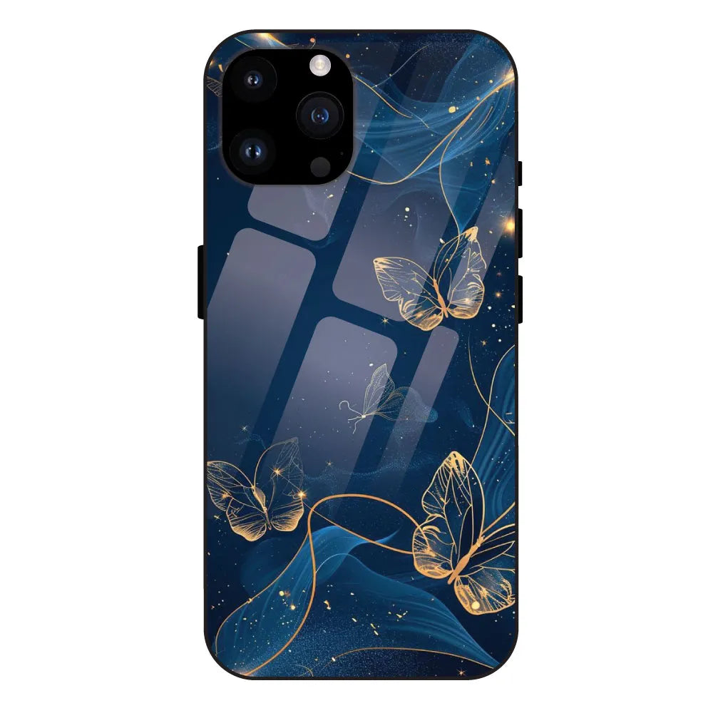 Blue With Gold Butterflies - Glossy Metal Silicone Case For Apple iPhone 14 Pro Max