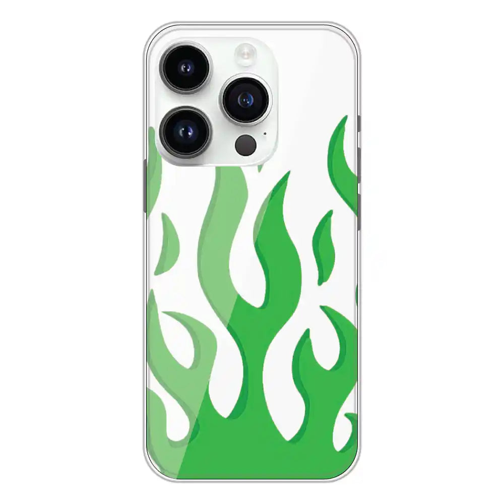Green Flames - Clear Printed Silicone Case For Apple iPhone 14 Pro
