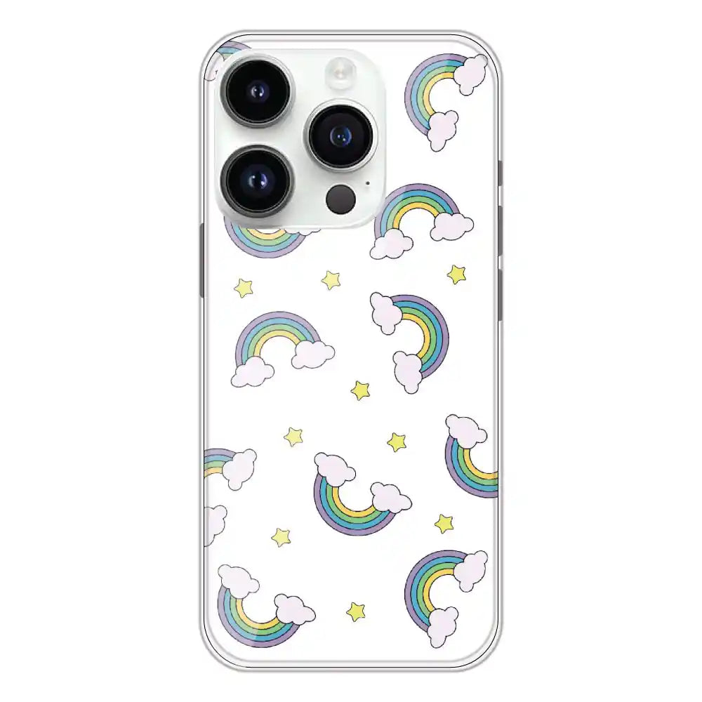 Rainbow With Clouds - Clear Printed Silicone Case For Apple iPhone 14 Pro