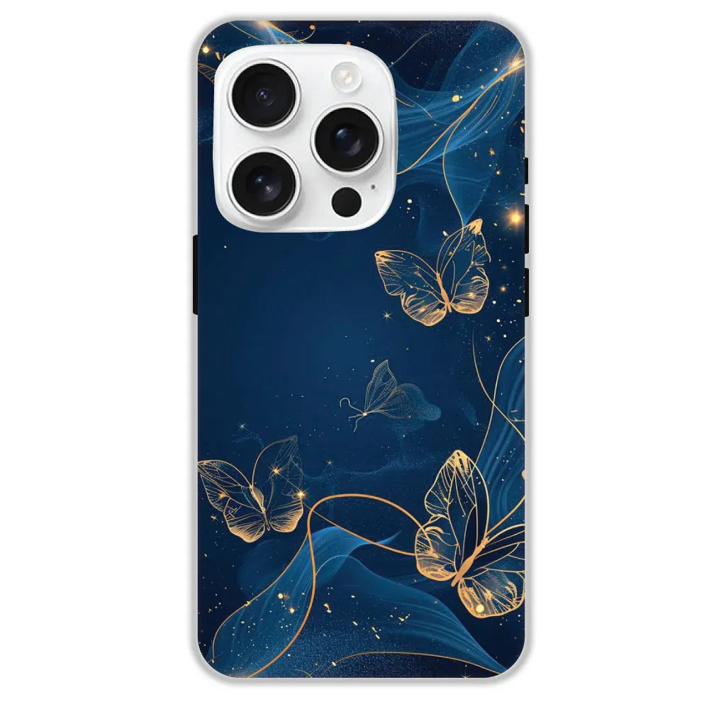 Blue With Gold Butterflies - Hard Cases For Apple iPhone 14 Pro