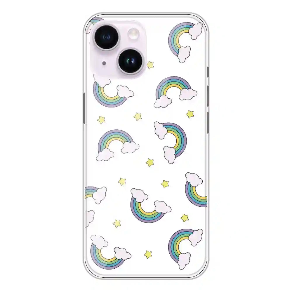 Rainbow With Clouds - Clear Printed Silicone Case For Apple iPhone 14