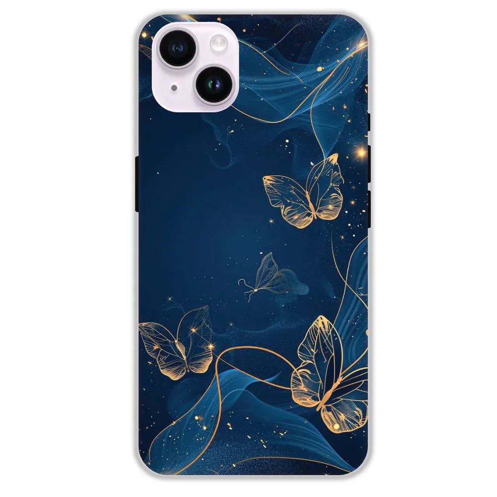 Blue With Gold Butterflies - Hard Cases For Apple iPhone 14