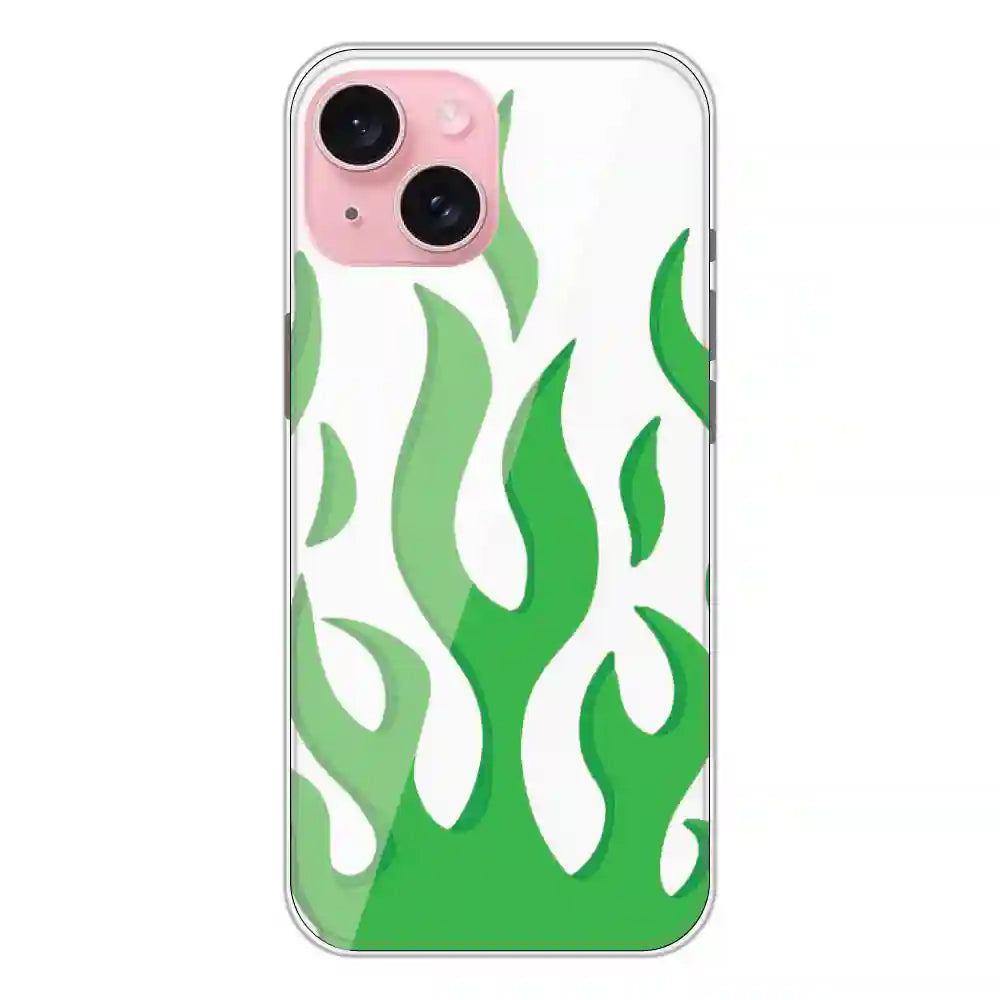 Green Flames - Clear Printed Silicone Case For Apple iPhone 15 Plus