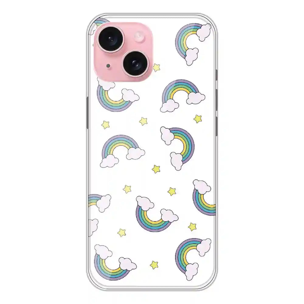 Rainbow With Clouds - Clear Printed Silicone Case For Apple iPhone 15 Plus