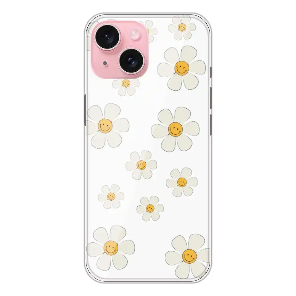 Smile Flowers - Clear Printed Silicone Case For Apple iPhone 15 Plus