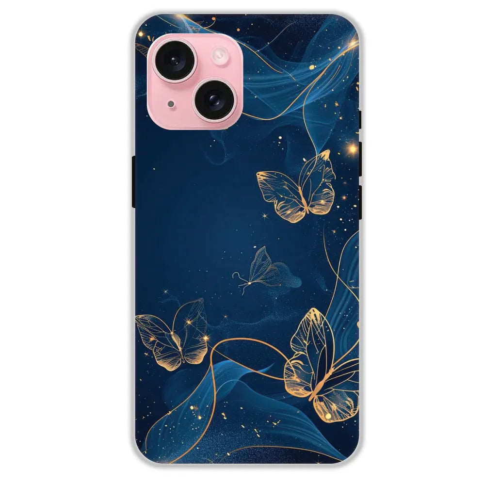 Blue With Gold Butterflies - Hard Cases For Apple iPhone 15 Plus
