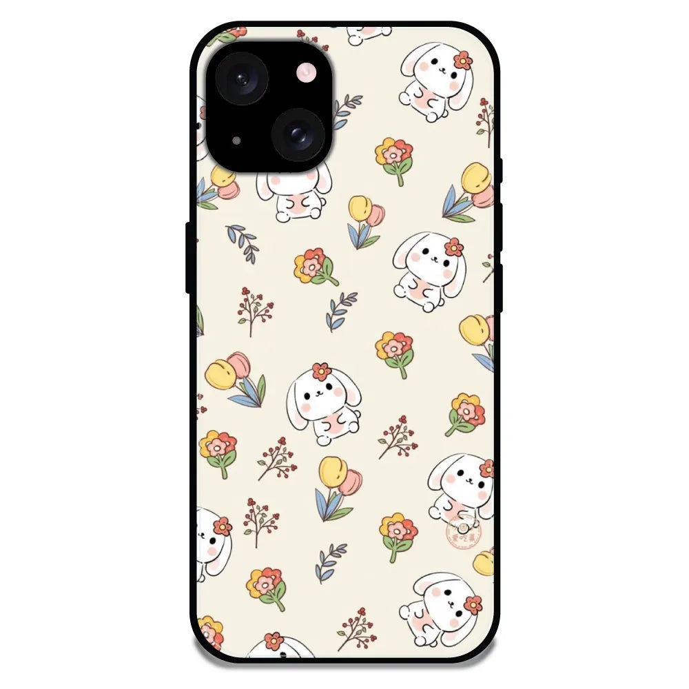'Cute Bunny & Flowers - Glossy Metal Silicone Case For Apple iPhone 15 Plus