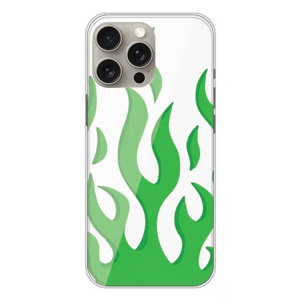 Green Flames - Clear Printed Silicone Case For Apple iPhone 15 Pro Max