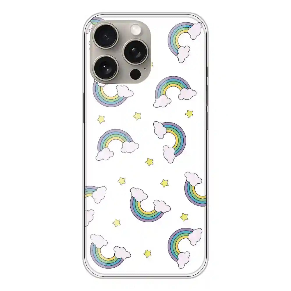 Rainbow With Clouds - Clear Printed Silicone Case For Apple iPhone 15 Pro Max