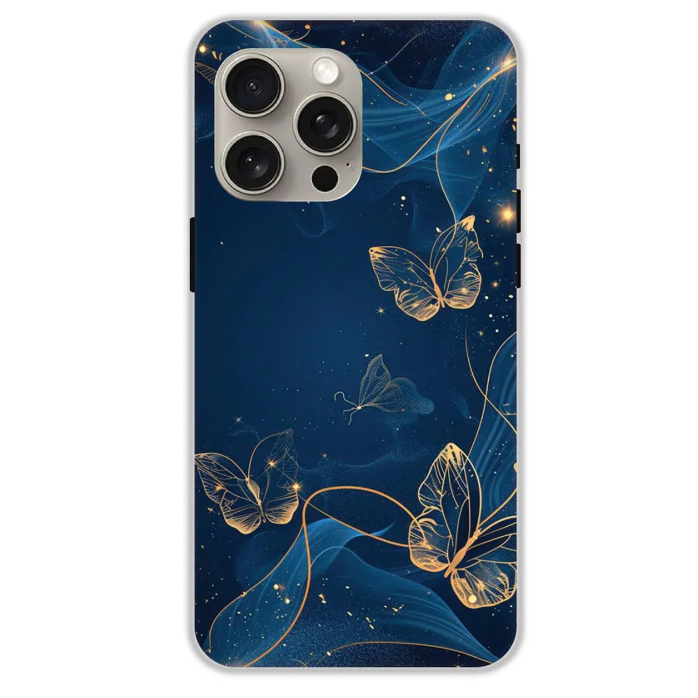 Blue With Gold Butterflies - Hard Cases For Apple iPhone 15 Pro Max