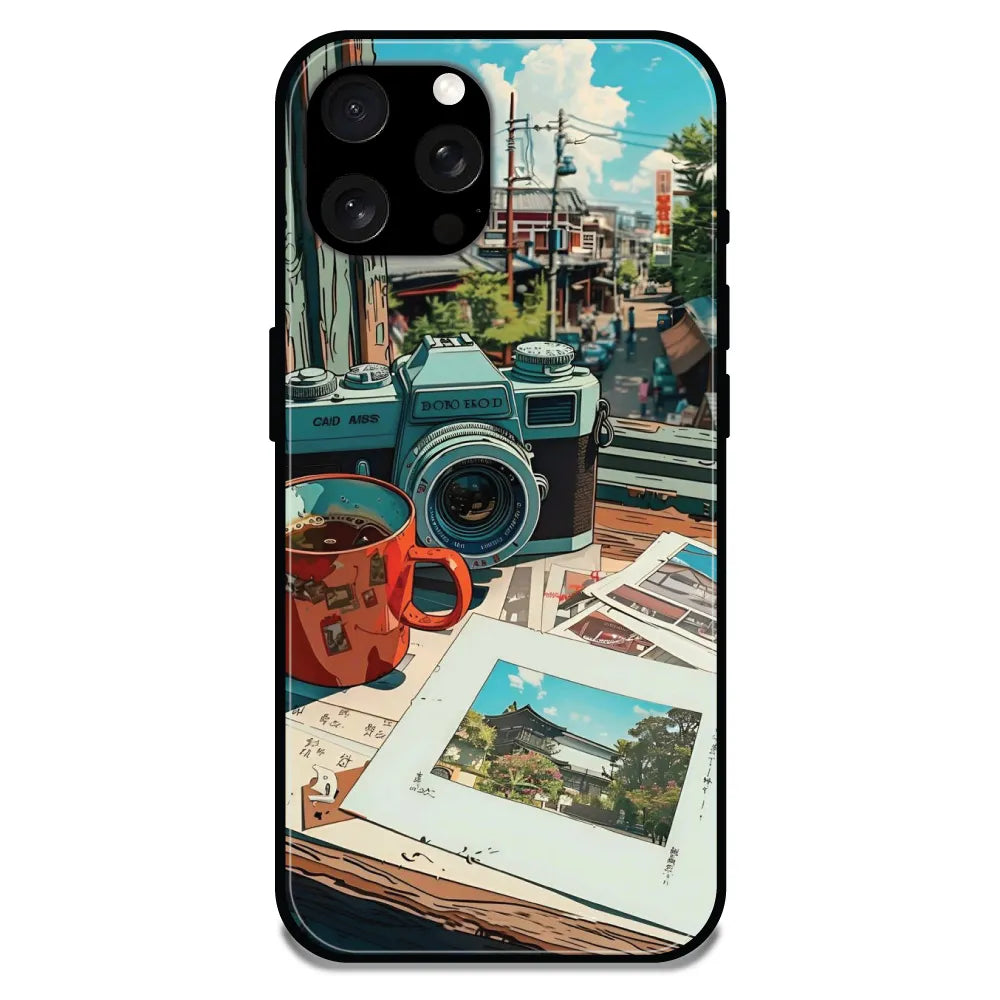 'Vintage Camera Travel Vibes - Glossy Metal Silicone Case For Apple iPhone 15 Pro Max