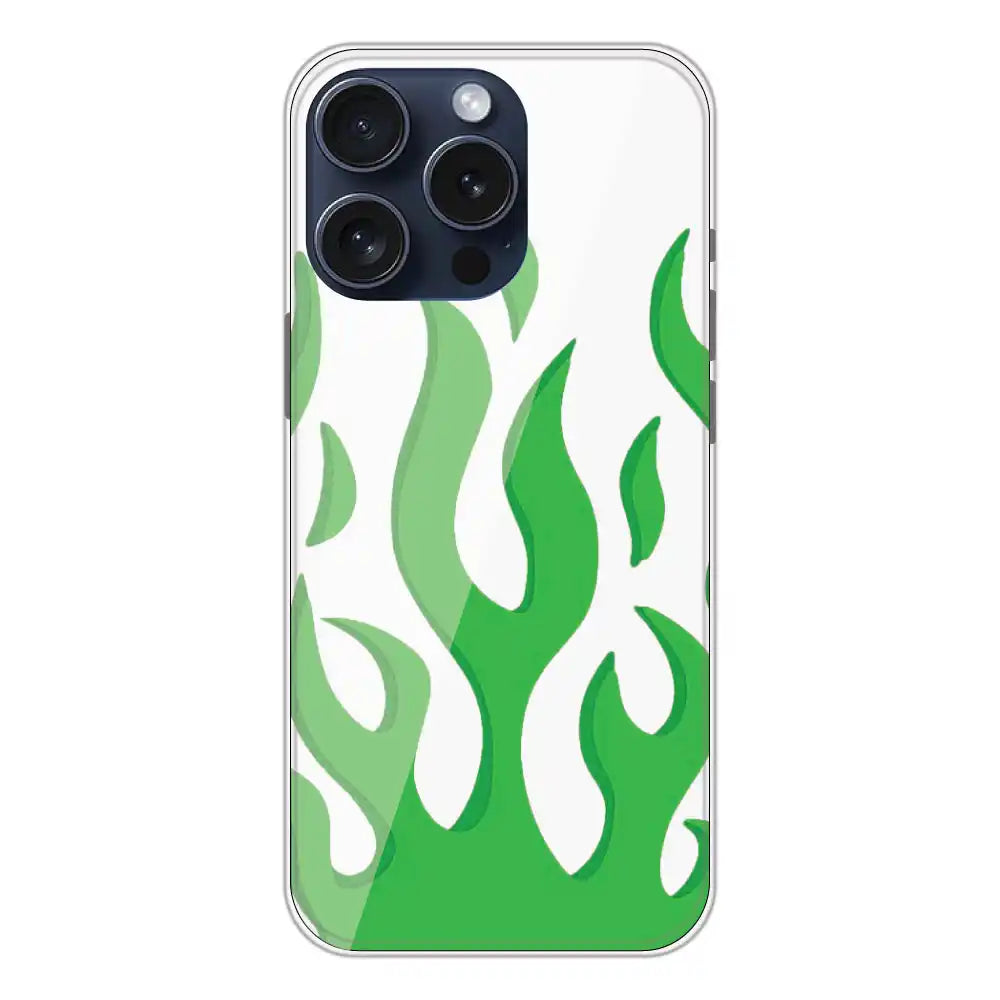 Green Flames - Clear Printed Silicone Case For Apple iPhone 15 Pro