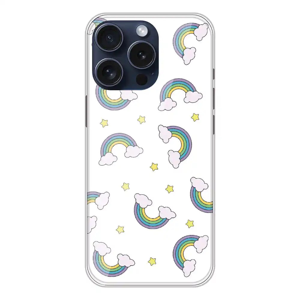 Rainbow With Clouds - Clear Printed Silicone Case For Apple iPhone 15 Pro