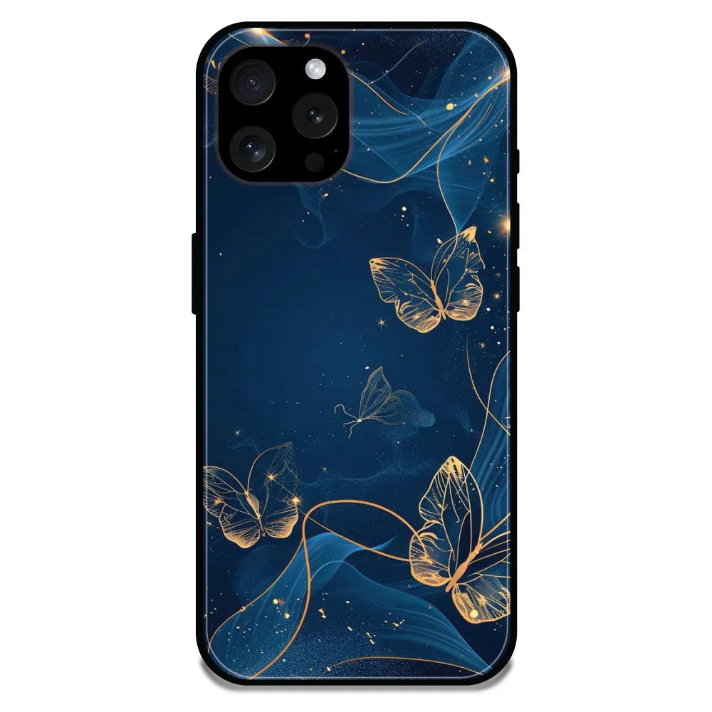 'Blue With Gold Butterflies - Glossy Metal Silicone Case For Apple iPhone 15 Pro