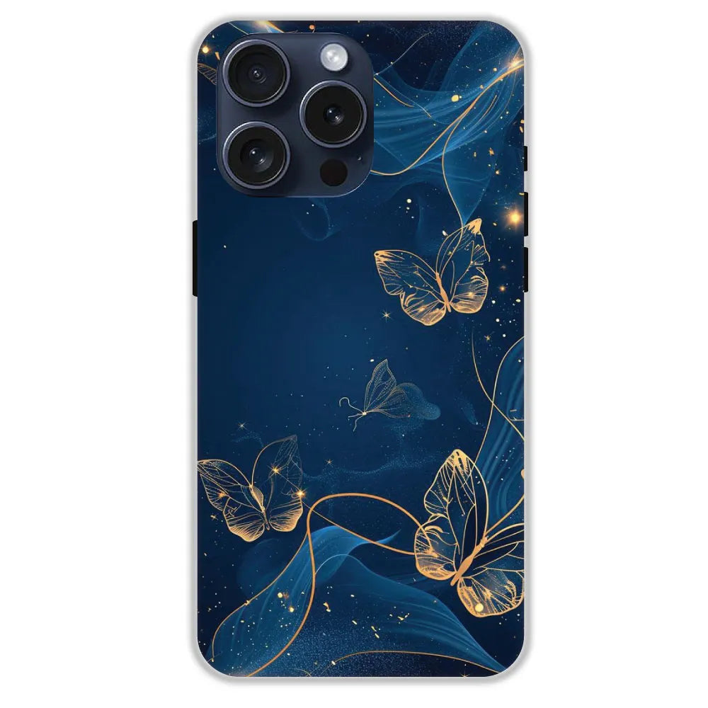 Blue With Gold Butterflies - Hard Cases For Apple iPhone 15 Pro