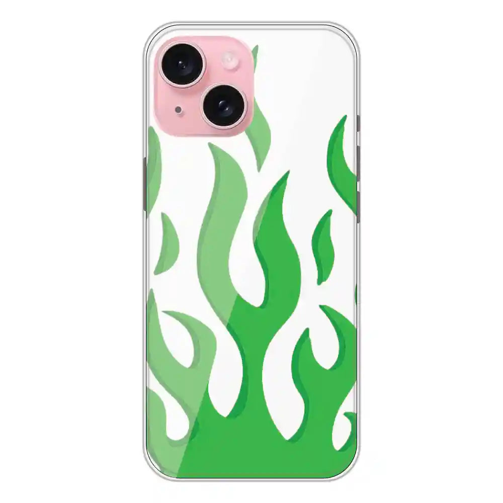 Green Flames - Clear Printed Silicone Case For Apple iPhone 15