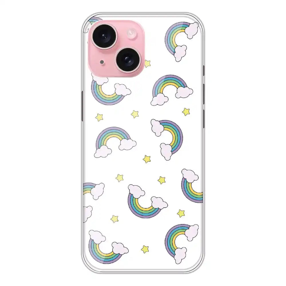 Rainbow With Clouds - Clear Printed Silicone Case For Apple iPhone 15
