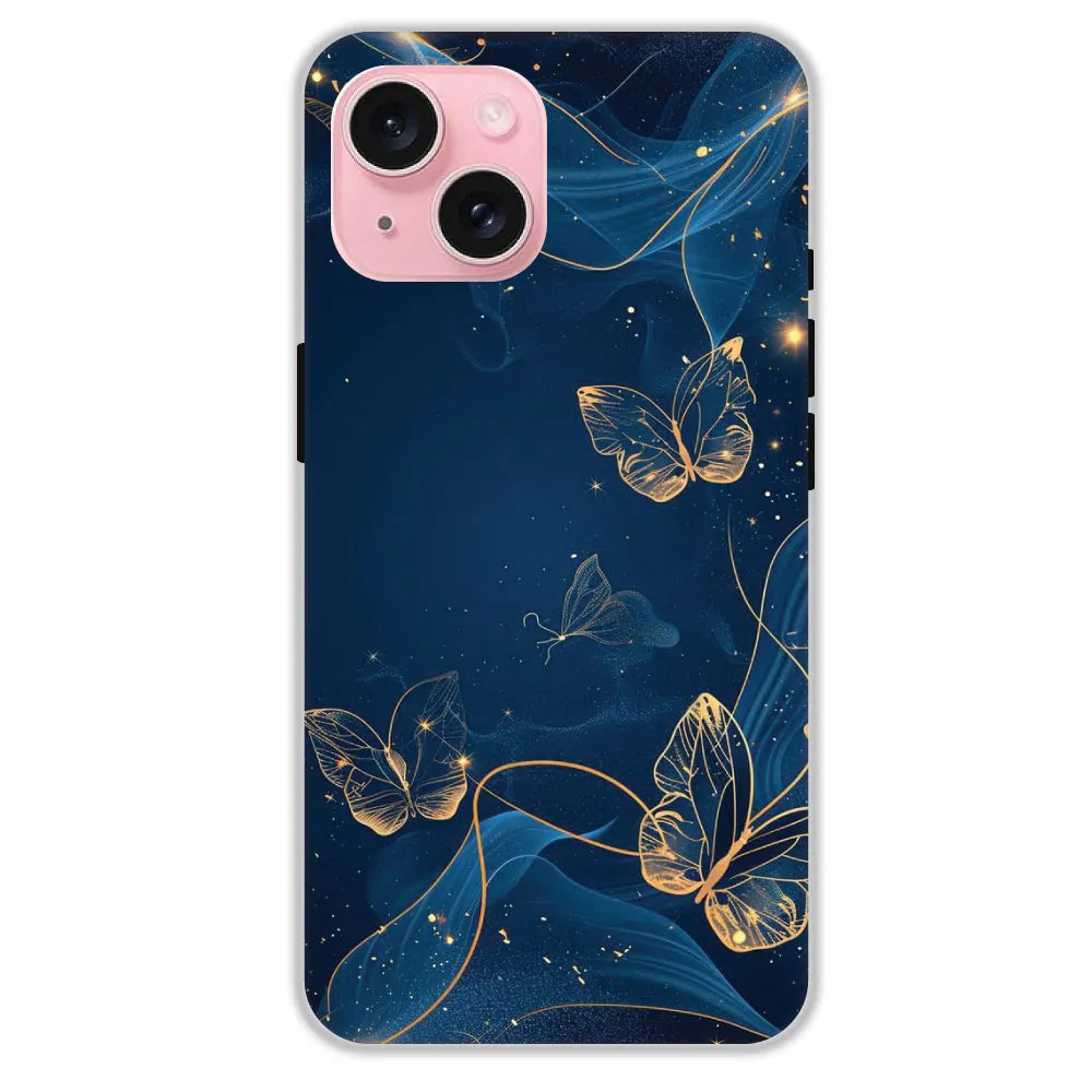 Blue With Gold Butterflies - Hard Cases For Apple iPhone 15