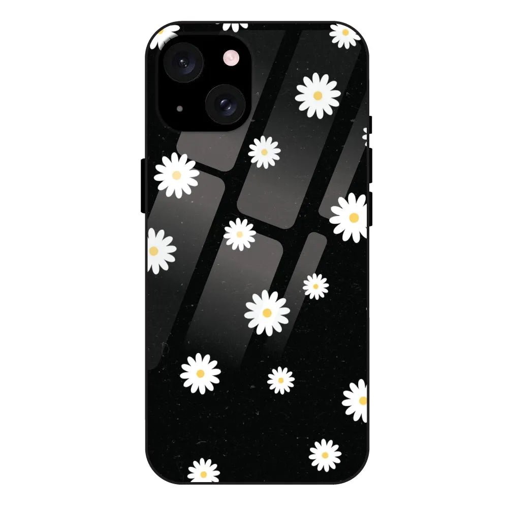 White And Black Flower - Glossy Metal Silicone Case For Apple iPhone 15
