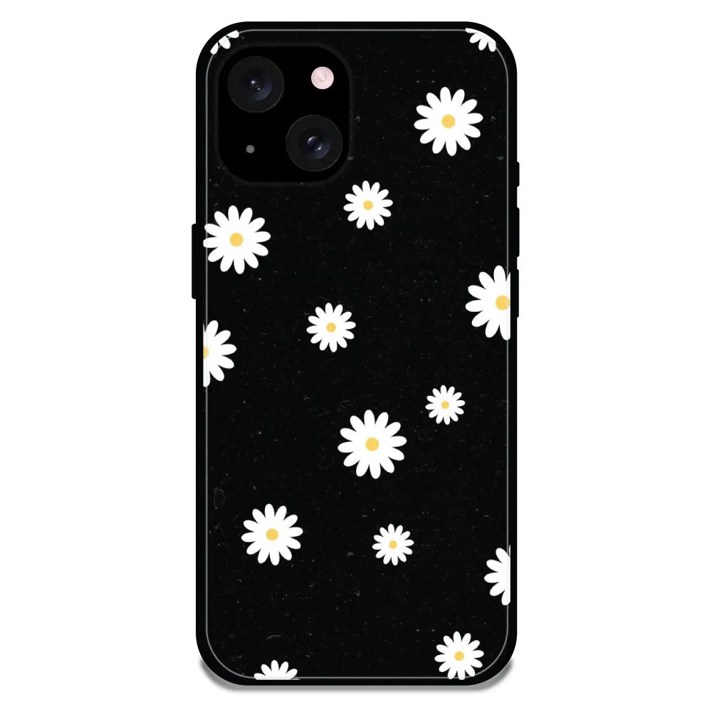 'White And Black Flower - Glossy Metal Silicone Case For Apple iPhone 15