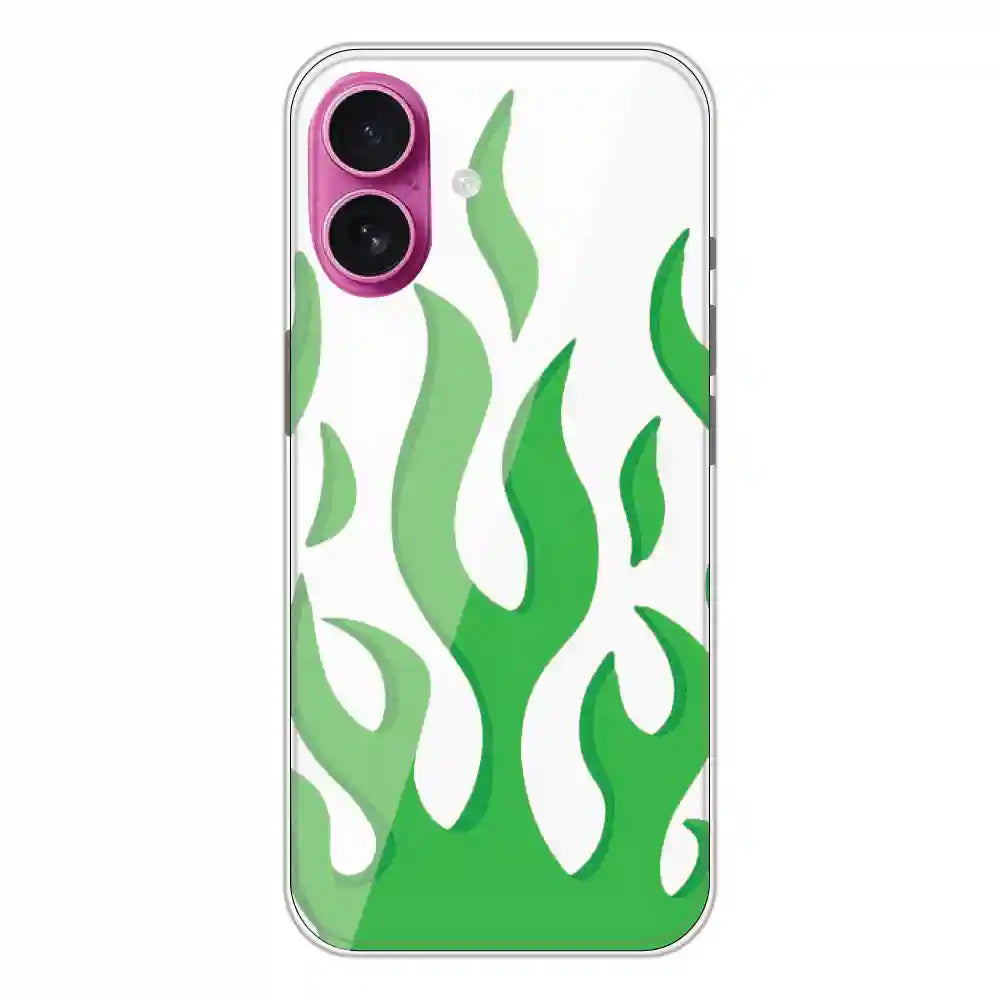Green Flames - Clear Printed Silicone Case For Apple iPhone 16 Plus