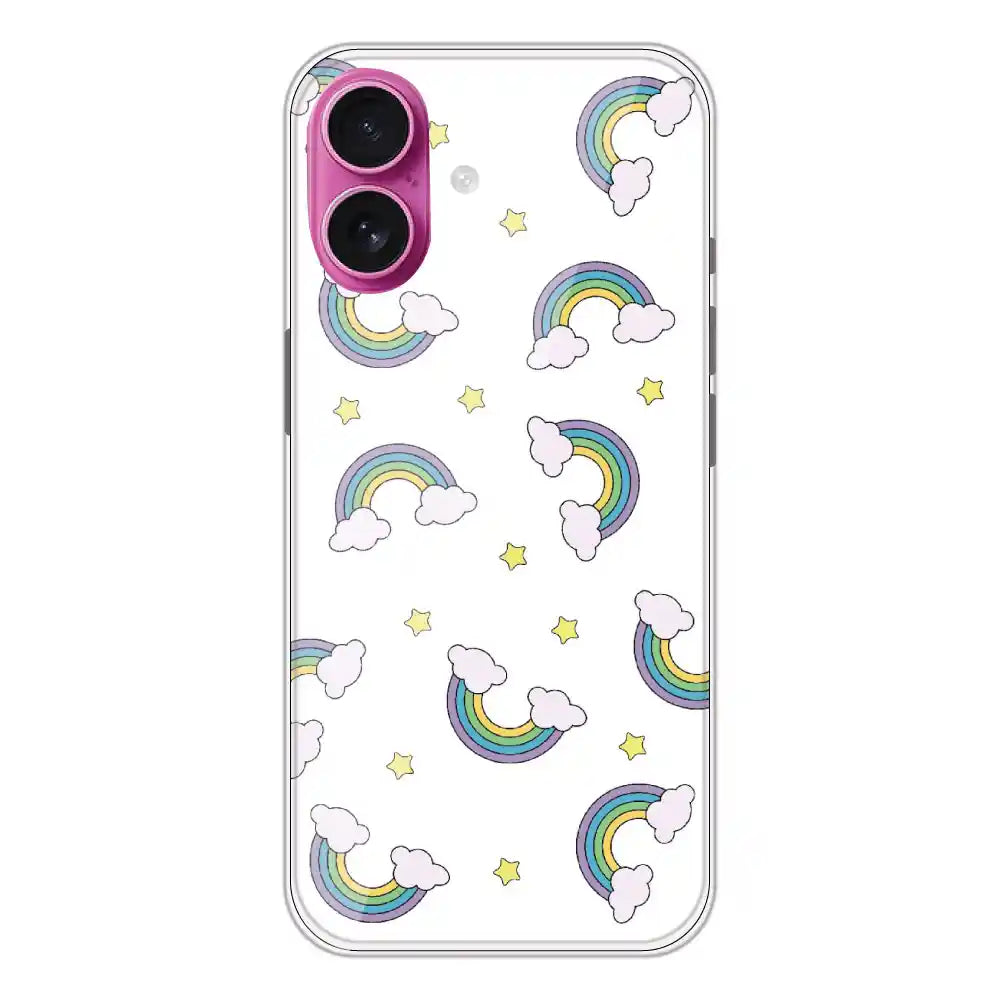 Rainbow With Clouds - Clear Printed Silicone Case For Apple iPhone 16 Plus