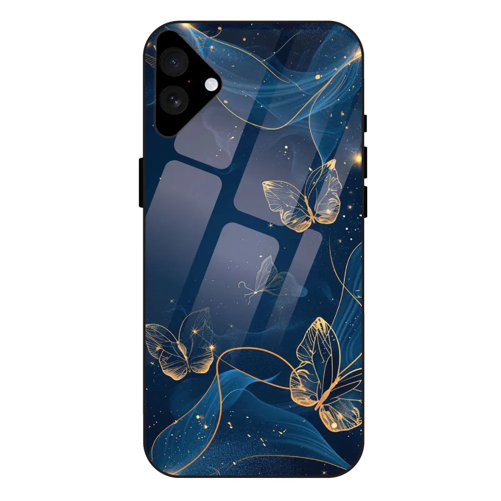 Blue With Gold Butterflies - Glossy Metal Silicone Case For Apple iPhone 16 Plus