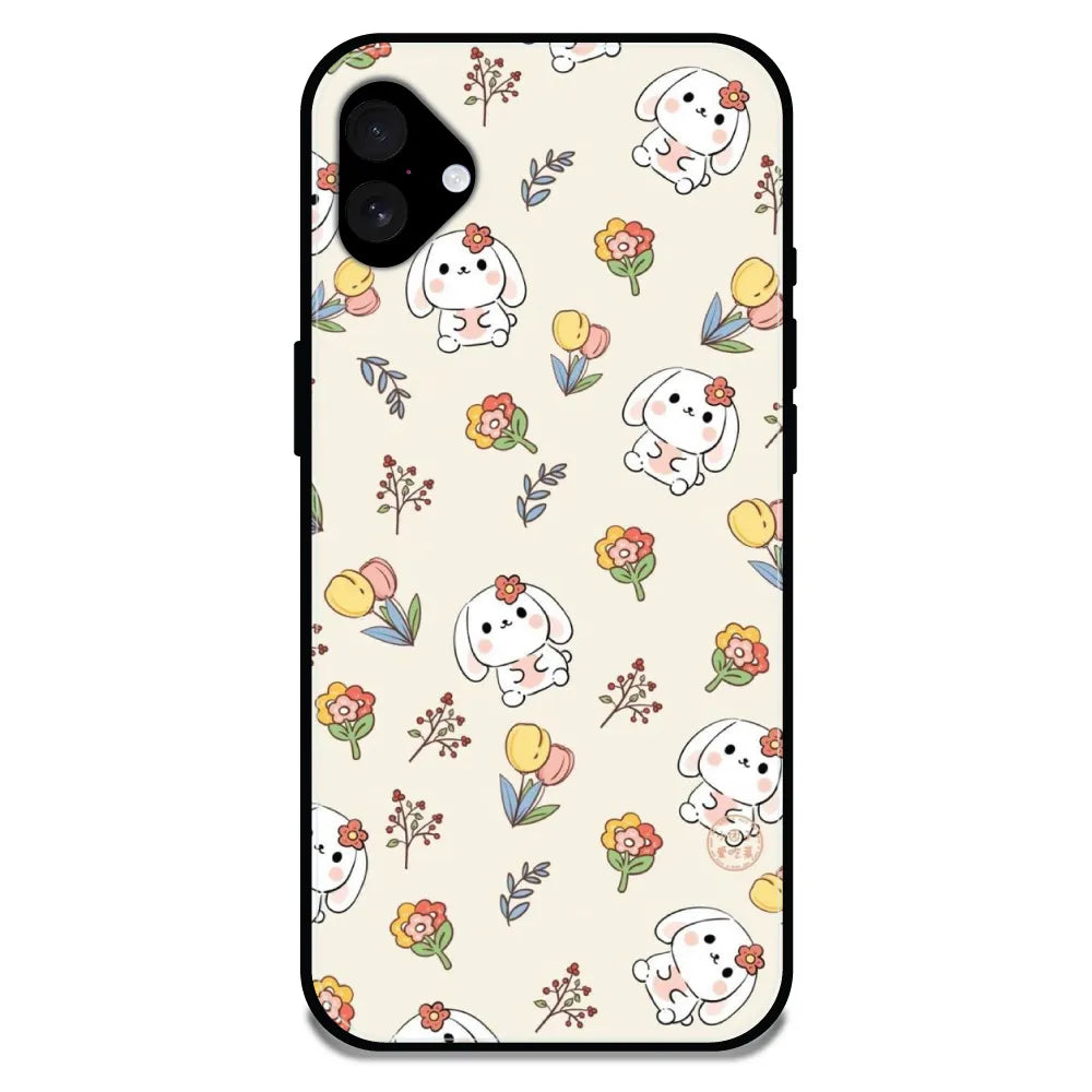 'Cute Bunny & Flowers - Glossy Metal Silicone Case For Apple iPhone 16 Plus