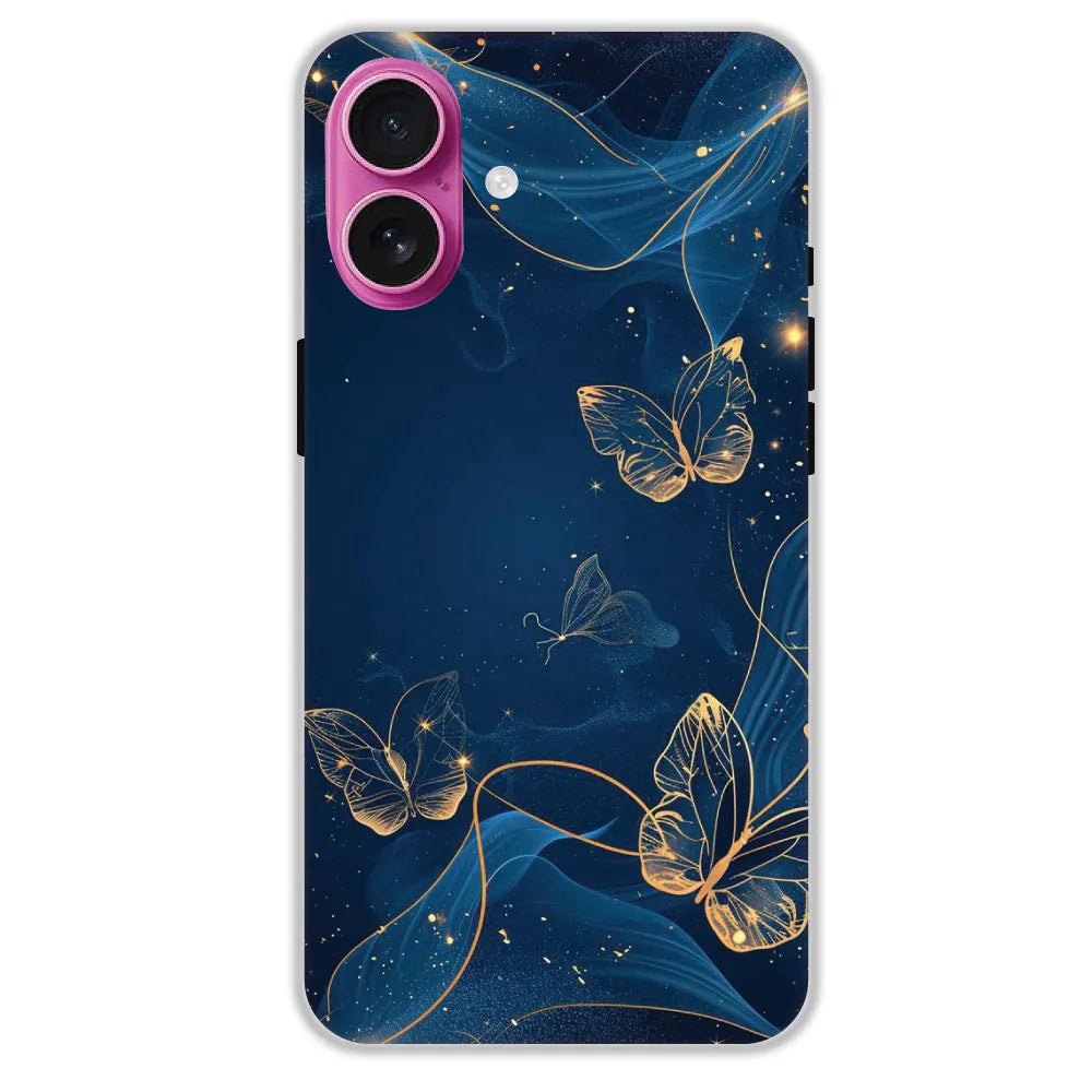 Blue With Gold Butterflies - Hard Cases For Apple iPhone 16 Plus