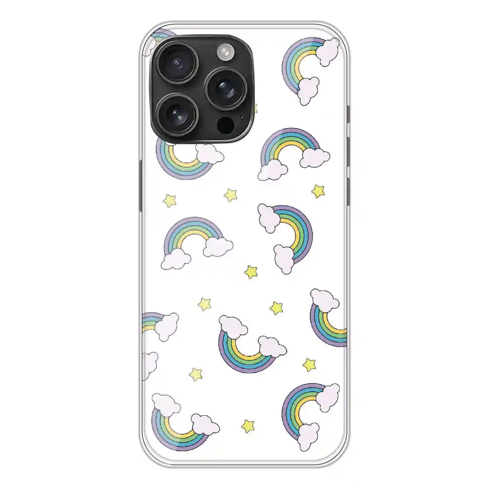 Rainbow With Clouds - Clear Printed Silicone Case For Apple iPhone 16 Pro Max