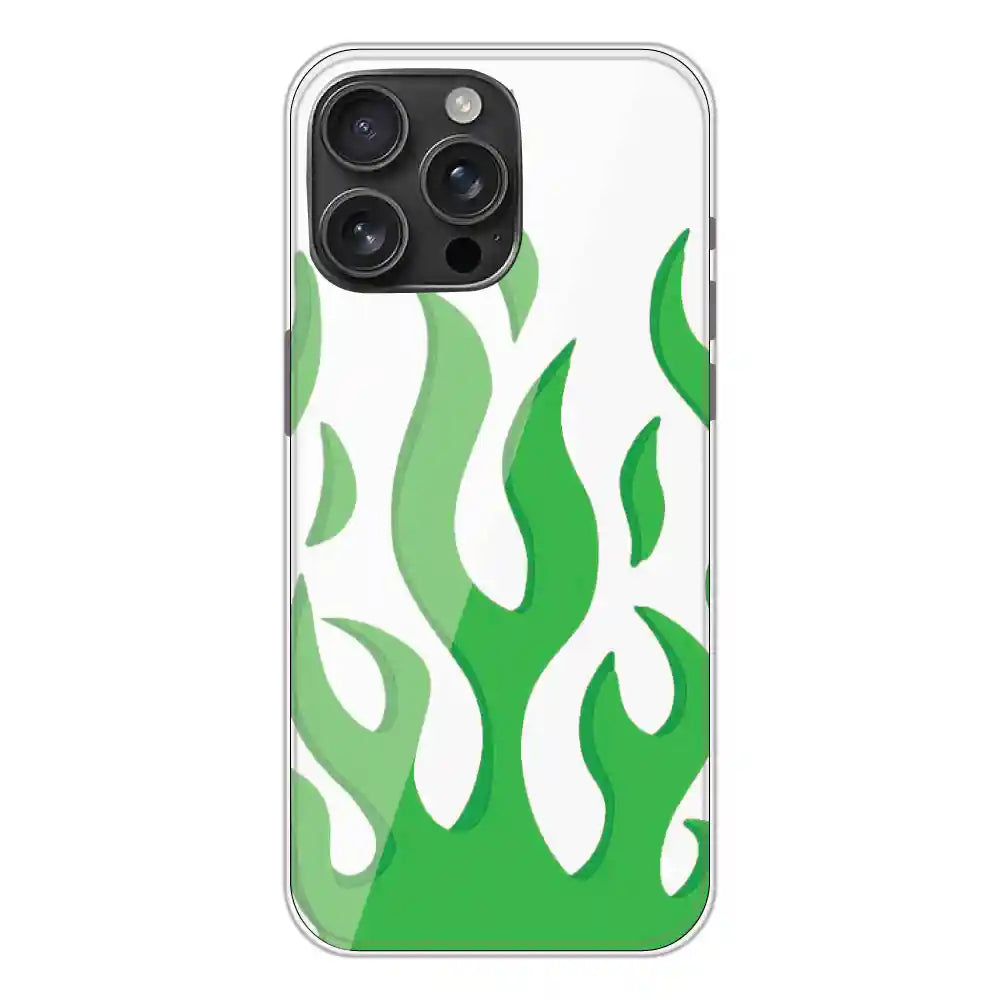 Green Flames - Clear Printed Silicone Case For Apple iPhone 16 Pro Max