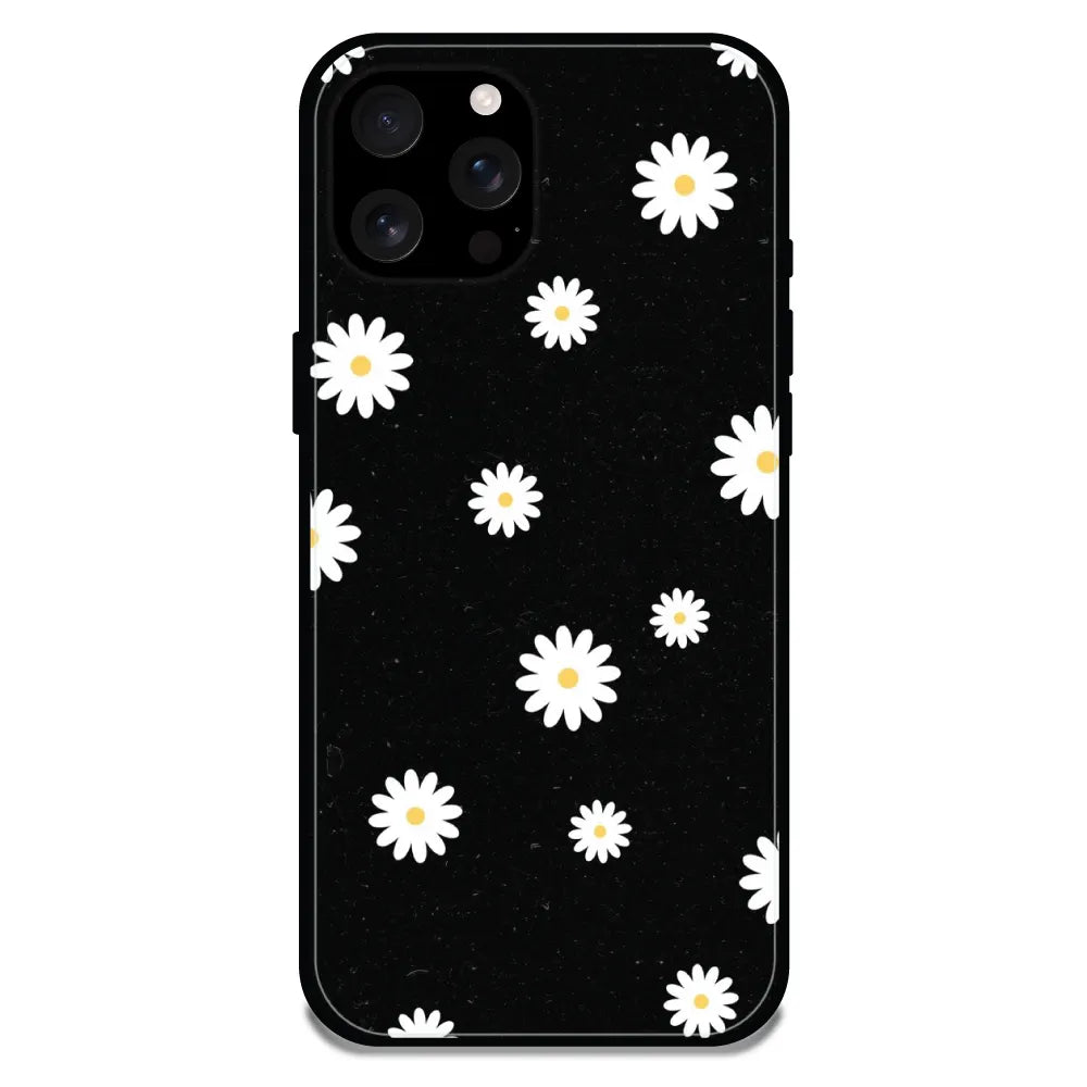 'White And Black Flower - Glossy Metal Silicone Case For Apple iPhone 16 Pro Max