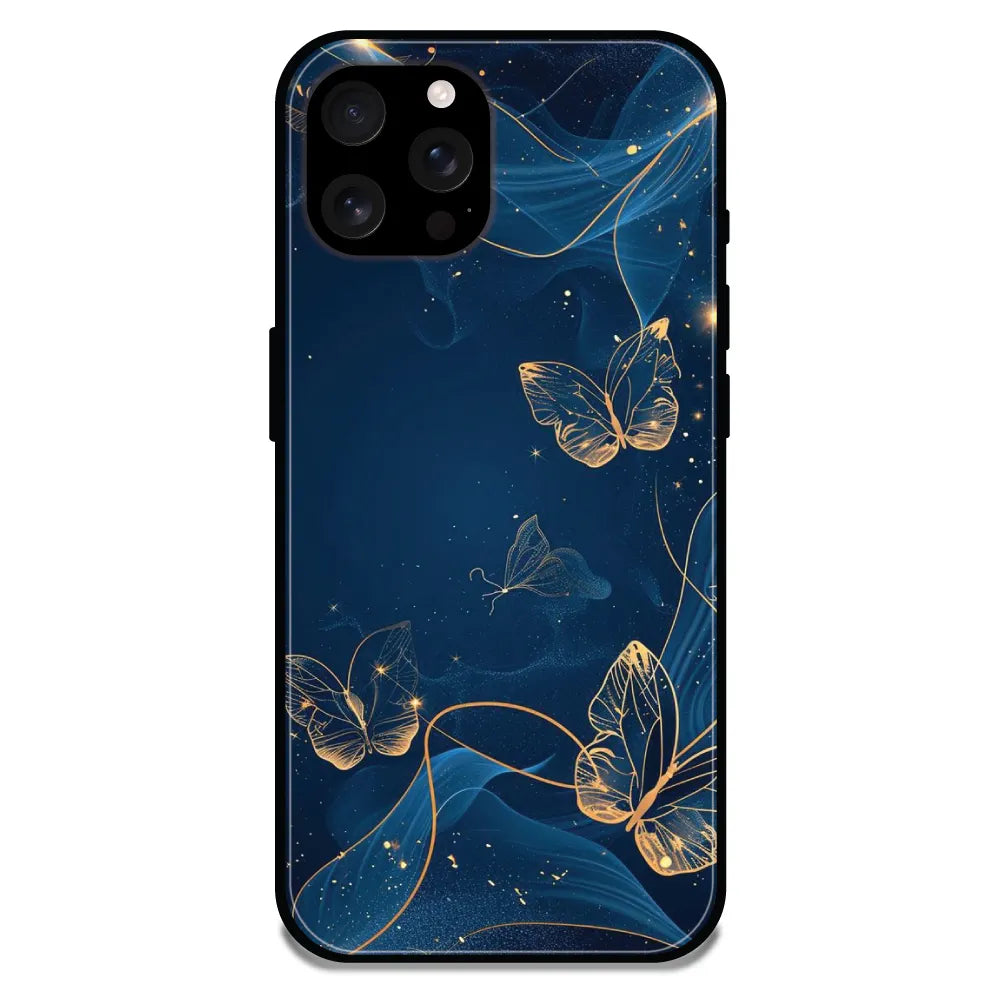 'Blue With Gold Butterflies - Glossy Metal Silicone Case For Apple iPhone 16 Pro Max