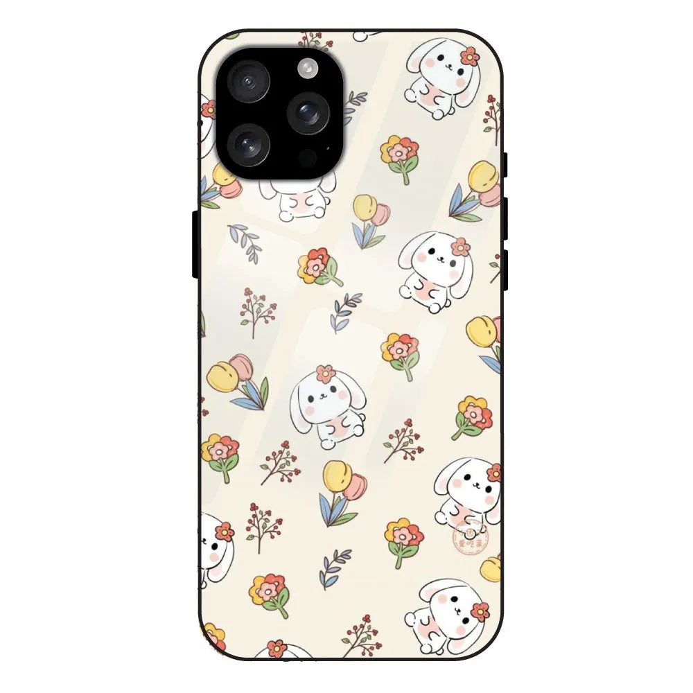 'Cute Bunny & Flowers - Glossy Metal Silicone Case For Apple iPhone 16 Pro Max