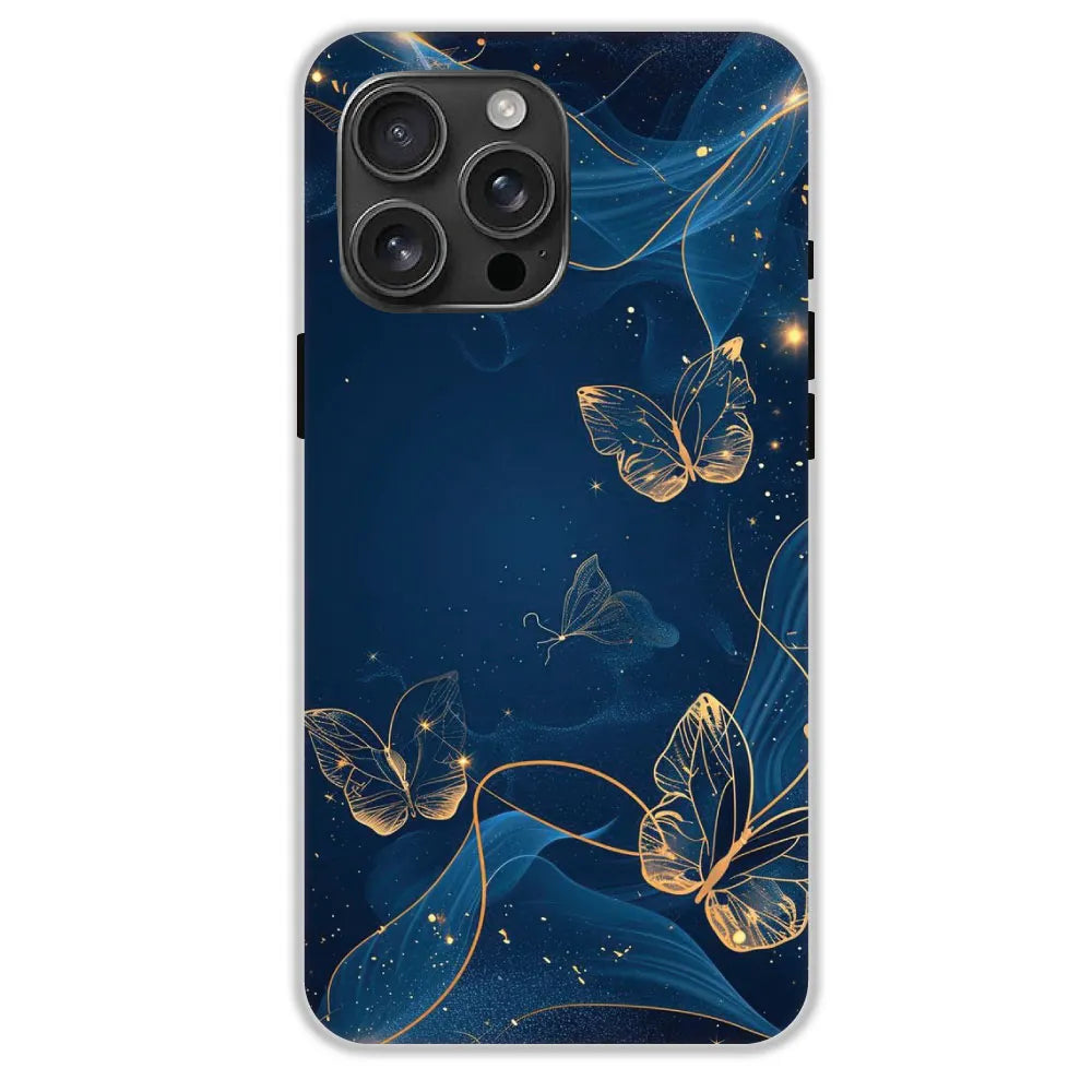 Blue With Gold Butterflies - Hard Cases For Apple iPhone 16 Pro Max