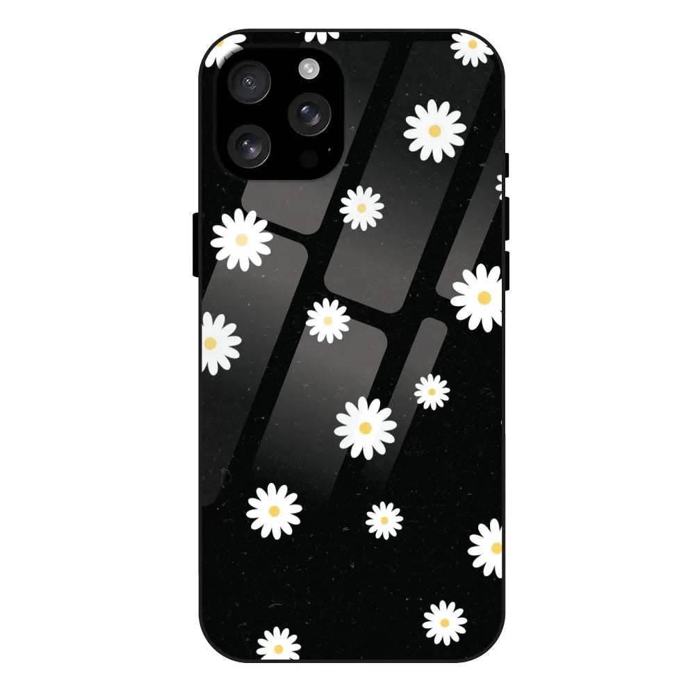 'White And Black Flower - Glossy Metal Silicone Case For Apple iPhone 16 Pro Max