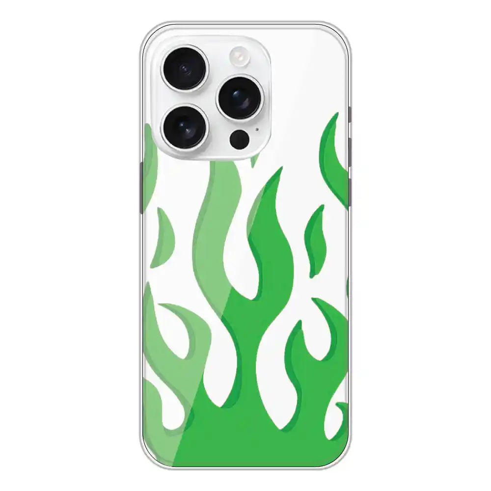 Green Flames - Clear Printed Silicone Case For Apple iPhone 16 Pro